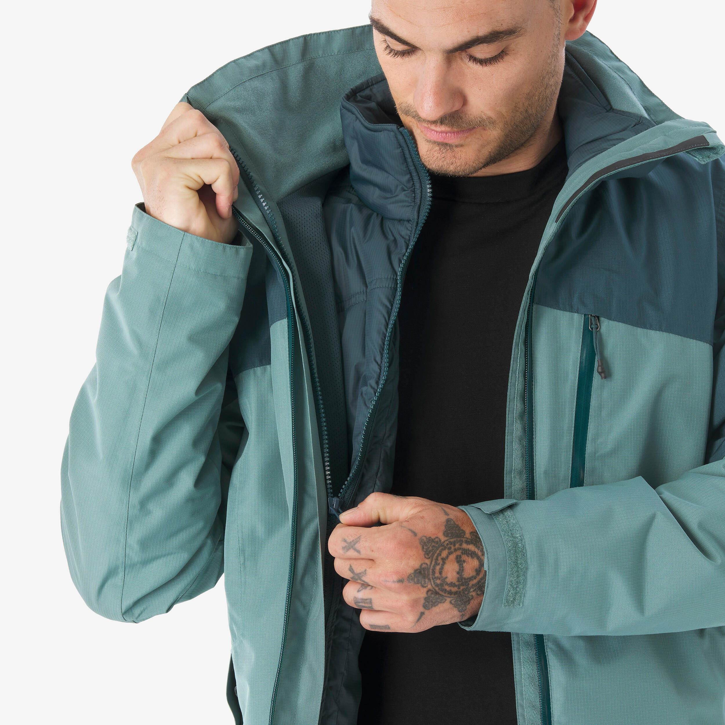 Chamarra de senderismo 3 en 1 impermeable hasta -10 °C verde para hombre MH500